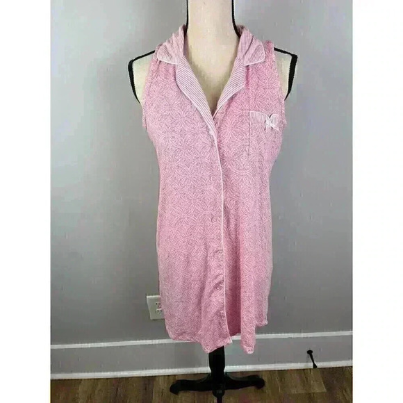 Vtg Laura Ashley Babydoll Nightgown Sleeveless Button Front Collared Bow Pink M - Picture 1 of 11